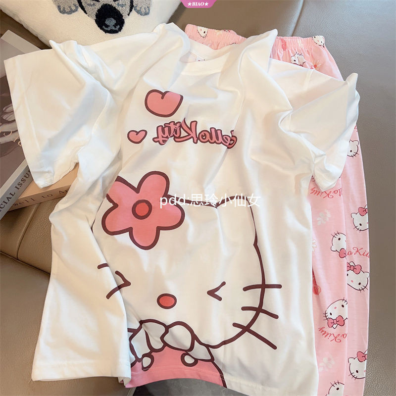 Hello Kitty Cute Printing Womens Pajamas Spring/autumn Sanrios KTCat Manga Longa Conjunto De Roupas De Casa Presente De Aniversário De Menina
