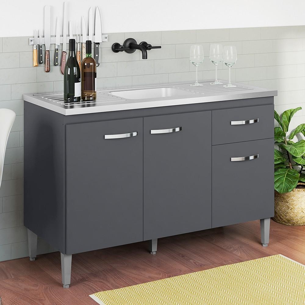 Balcão Gabinete Com Pia Inox 120cm 3 Portas e 1 Gaveta Gabriela Cinza - AJL Móveis em Oferta na Shopee