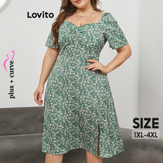 Lovito Vestido Feminino Plus Size Curvo Casual Ditsy Floral Dividido Frontal LNL37120 (Verde)