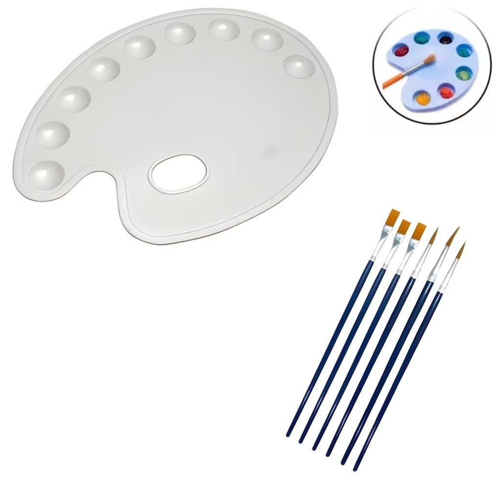 KIT PALETA DE PLÁSTICO 9 CAVIDADES + 6 PINCÉIS PARA PINTURA