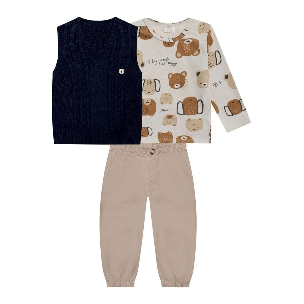 Trio Meia Estação Infantil Lucboo Colete, Blusa Urso e Calça Jeans
