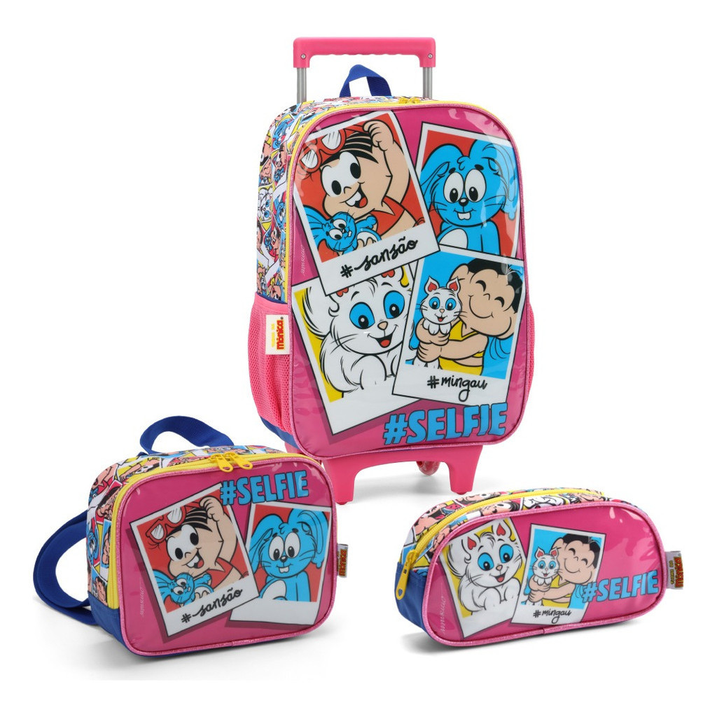 Kit Mochila Rodinha Lancheira Estojo Selfie Turma Da Monica