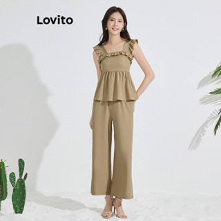 Lovito Conjunto De Calças Casuais Lisas Franzidas Para Mulheres L77ED114