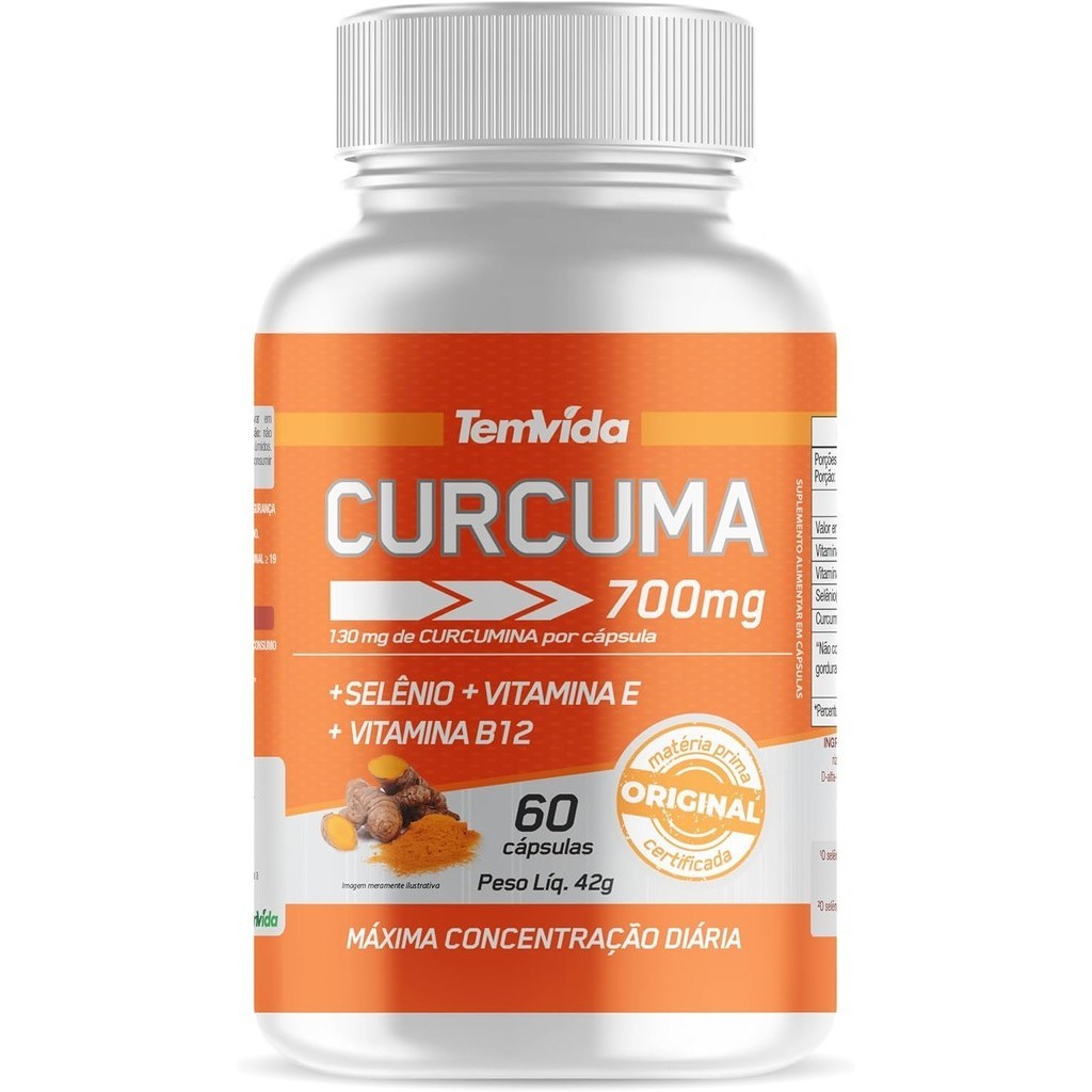 Curcuma + Selênio + Vitamina B12 Vitamina E 130 mg de Rizomas de Curcumina 60 Cápsulas 700mg Tem Vida