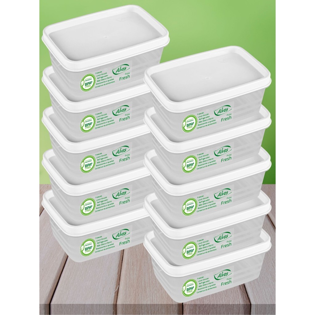 Kit 10 Potes 250ml Tampa Branca 11cm Empilhável Lava-Louça Quadrado Tampa Trava Vedação Conserva Mantimento Frutas Cerea