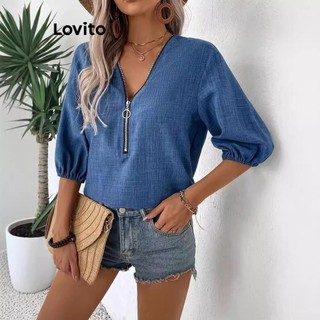 Lovito Blusa casual lisa com zíper para mulheres LNL79408 em Oferta na Shopee