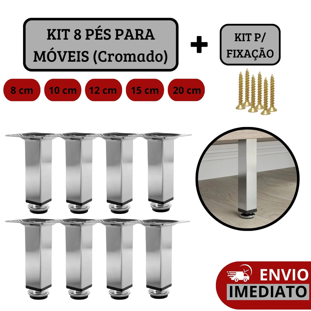 Kit 8 Pés Para Móveis Com Regulagem Quadrado Cromado - 8cm | 10cm | 12cm | 15 cm | 20cm
