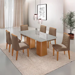 Mesa de Jantar Eloise 180cm Tampo MDF Vidro com 6 Cadeiras Eloise Moderna Mobília
