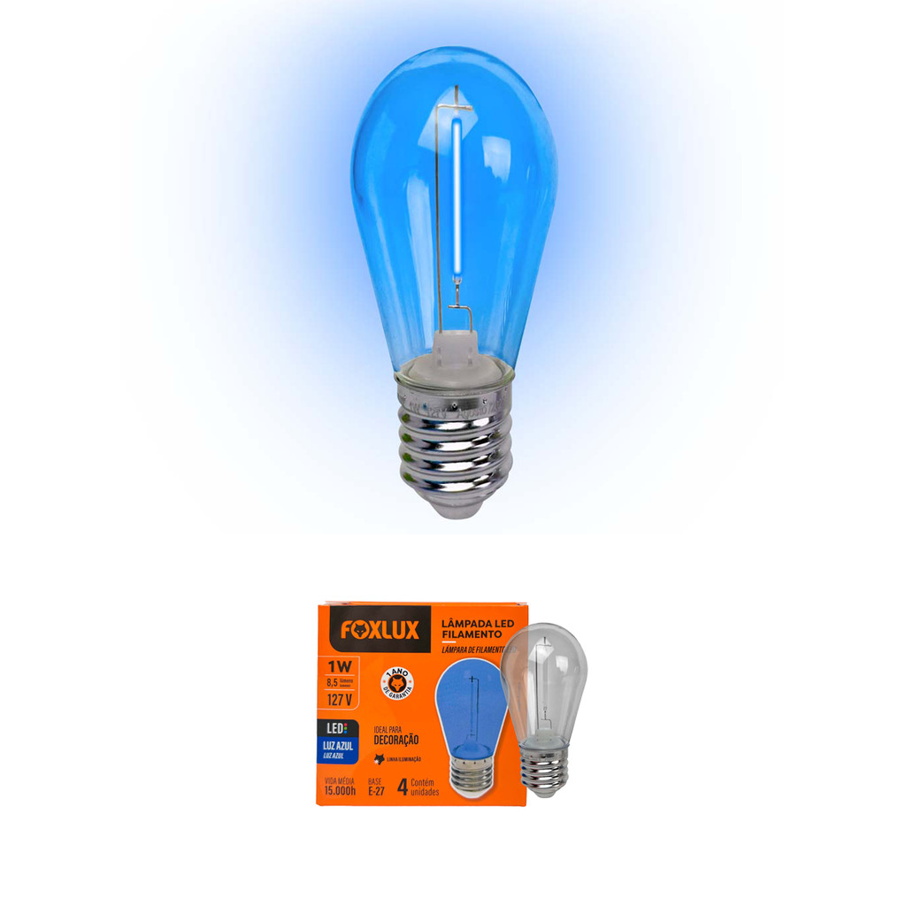 Kit 8 Lâmpadas LED Filamento Foxlux Azul 1W E27 127V | iluminação decorativa, cor vibrante em Oferta na Shopee