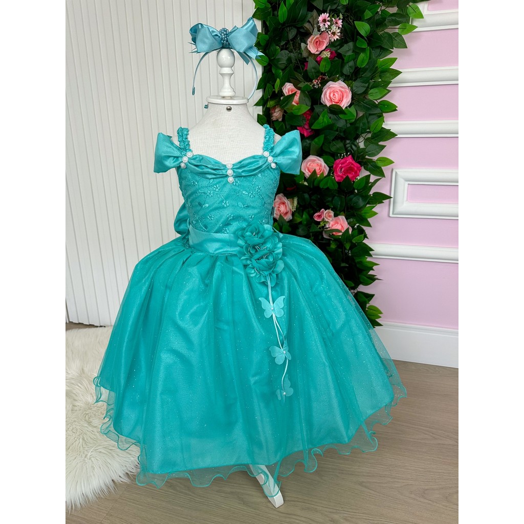 Vestido Marie Longo Manga Princesa Verde Tiffany Casamento Florista Formatura Noiva Batizado Elegante Luxo Clássico