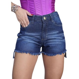 Shorts Jeans Feminino Barra Desfiada Plus Size Cintura Alta