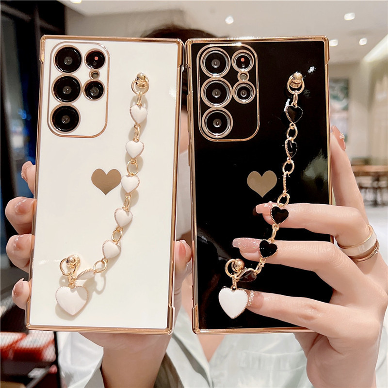 Para Samsung S24 S23 UItra S24 Plus S23 S21 S20 FE Revestimento De Padrão Do Coração Amor Bracelete Com Lateral De Capas