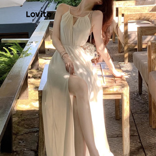 Lovito Vestido Boho Liso Com Corte Ombro Frio E Frente Dividida Para Mulheres LNA41071
