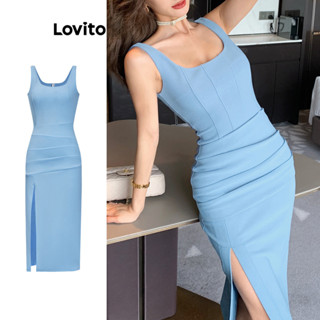 Lovito Casual Vestido Feminino Liso com Fenda Frontal L70AD102 (Azul)