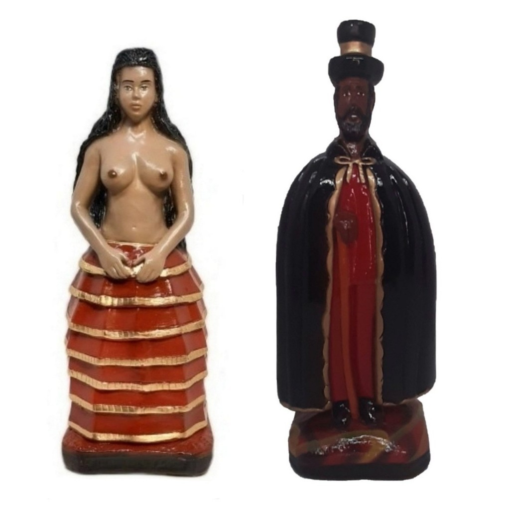 Escultura Estatueta Estátua Imagem Exu Capa Preta E Pombagira Sete 7 Saias Em Gesso Umbanda Candomblé Congá Altar 22 cm