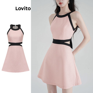 Lovito Vestido Feminino Casual Liso Colorblock Com Corte Nas Costas E Laço L76AD152