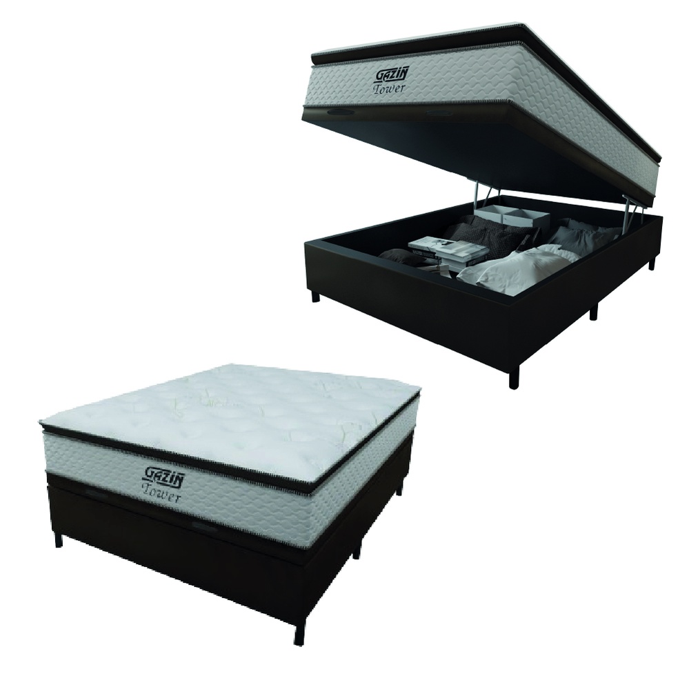 Cama Box Baú Casal Colchão Molas Pocket Ensacadas Tower 138x188x75cm Branco / Marrom Gazin em Oferta na Shopee