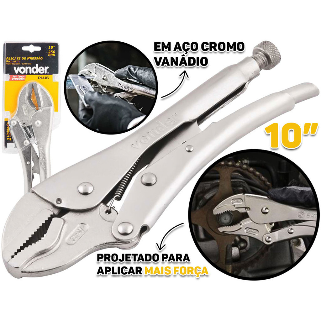 Alicate De Pressão Reto Aço Cromo Vanádio Acabamento Cromado 10 Polegadas Fixa Prende Trava Aperta em Oferta na Shopee