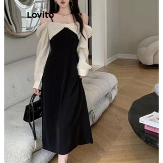 Lovito Vestido Elegante Liso De Ombro Frio Para Mulheres LNA39106 (Preto E Branco)