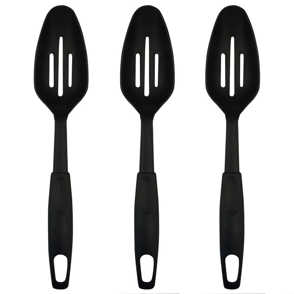 Kit 3 Colher Vazada Cabo Longo Preta Plástico Resistente