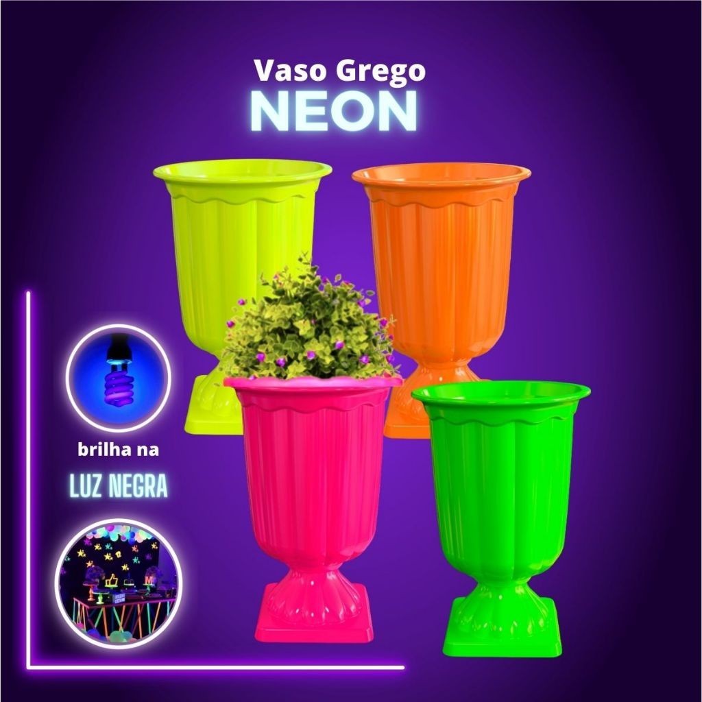 Vaso Grego Neon Decoração Festa Neon Brilha na Luz Negra