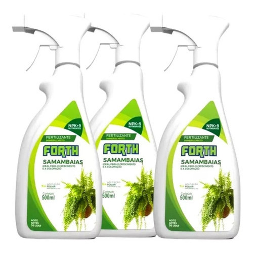 3 UNIDADES ADUBO FERTILIZANTE ORGANICO FOLIAR FORTH SAMAMBAIAS 500ML NPK+9 NUTRIENTES
