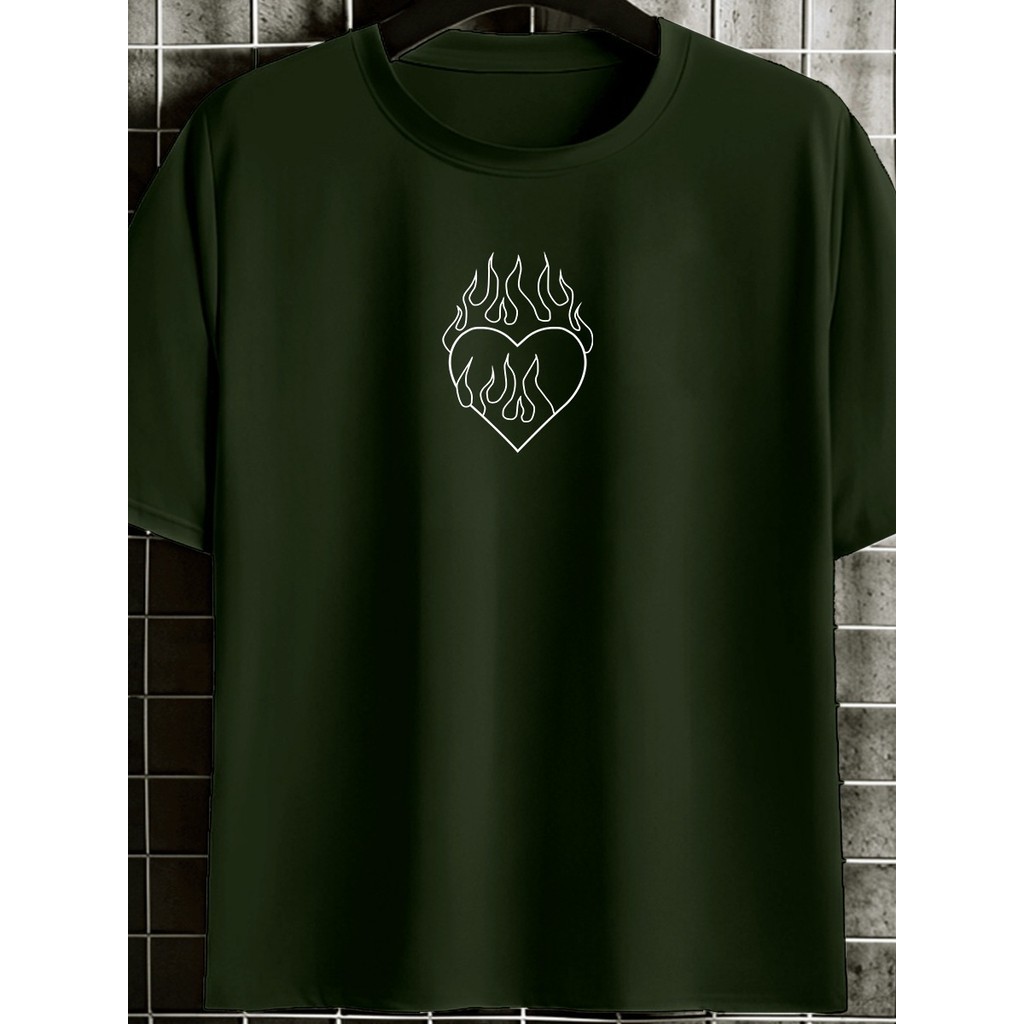 Camisa Estampa Coração  Amor Chamas Fogo Oversized Manga Curta Verde Militar Blusa Camiseta Estilosa