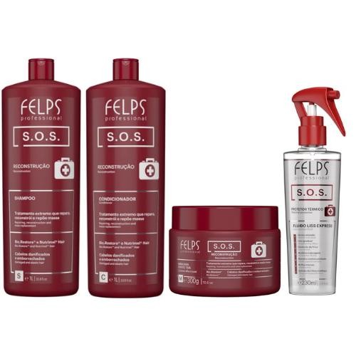 Kit Felps SOS - Shampoo 1L + Condicionador 1L + Máscara 300g + Liss Express Fluido 230ml - Pupita