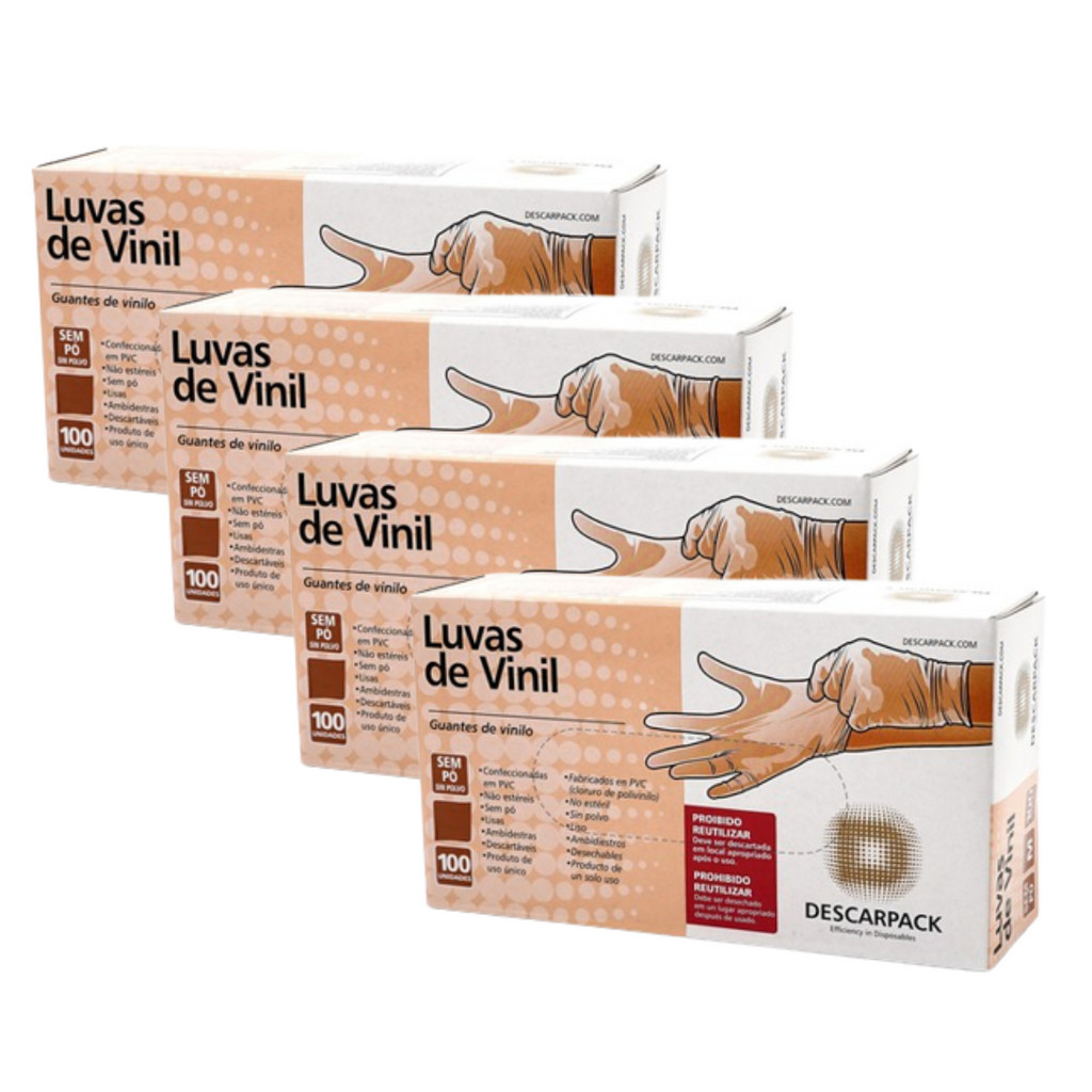 Kit 4 Luva Vinil Sem Pó Descarpack Com 100 Unidades