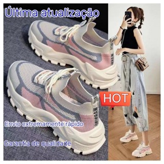 Sapatos Femininos 2024 Novos De Primavera E Verão Cem Casuais Com Velhos De Papai Mosca Respirável Tecendo Treinadores Fundo Grosso