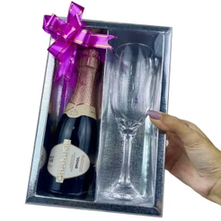 05~25 Caixa PRATA com visor p/ Mini Champanhe e Taça ASSK (CHOCO)