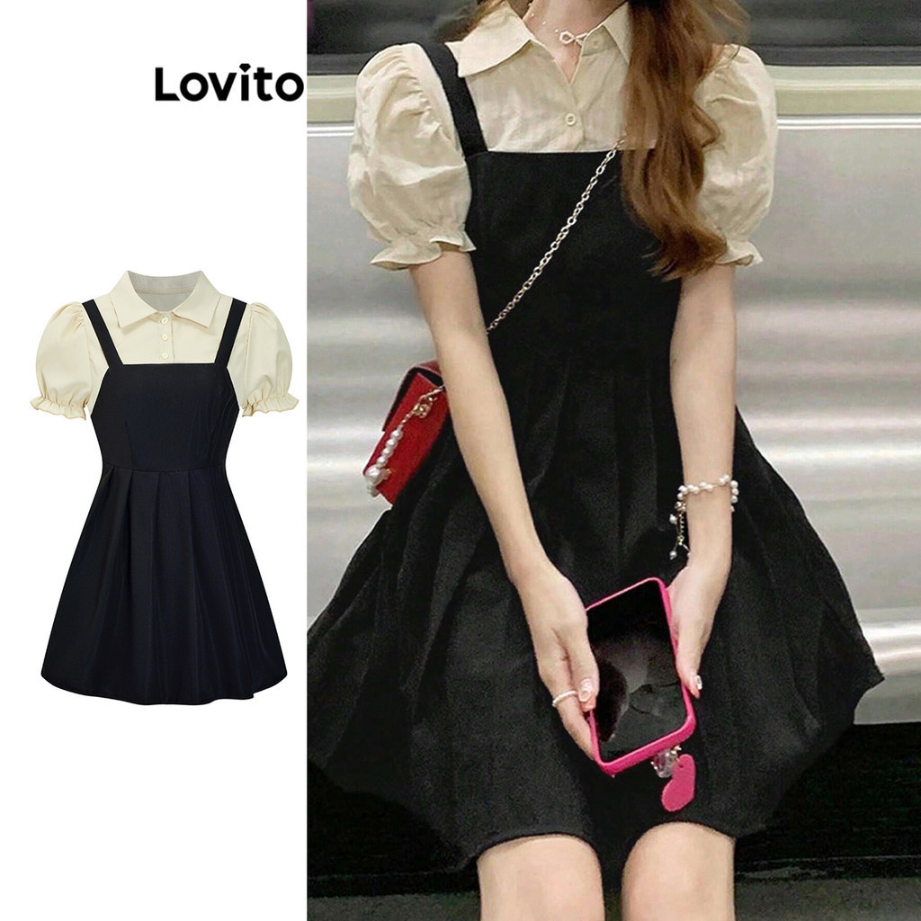 Lovito Vestido Casual Liso Plissado Drapeado Manga Bufante Vestido 2 Em 1 Para Mulheres L70AD088 (Preto) - Women Clothes