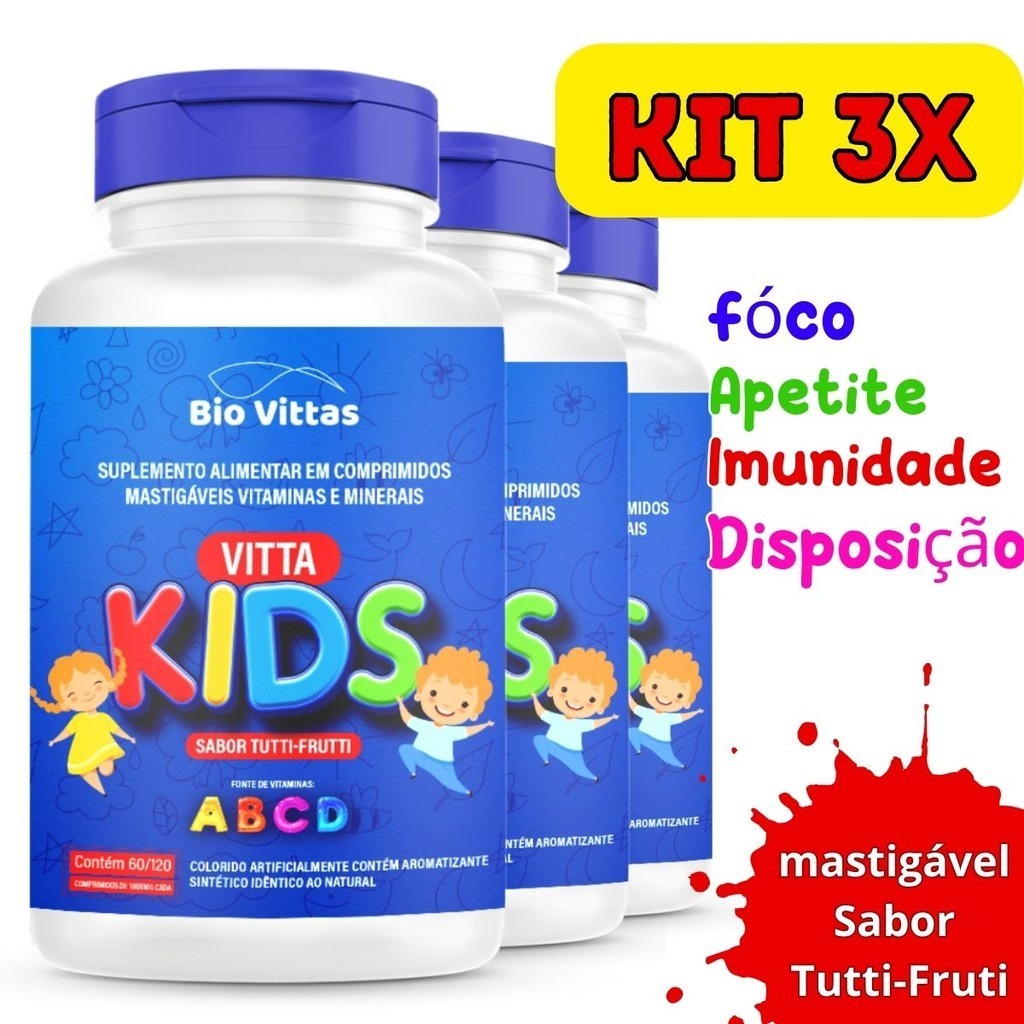 Kit 3x Vitamina infantil mastigavel 60 Comp Sabor Tutti-Frutti - Bio Vittas