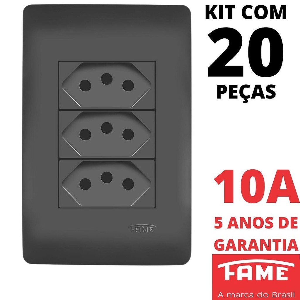 20un Tomada Padrão Tripla 2P+T 10A Com Placa Habitat Black Preto FAME