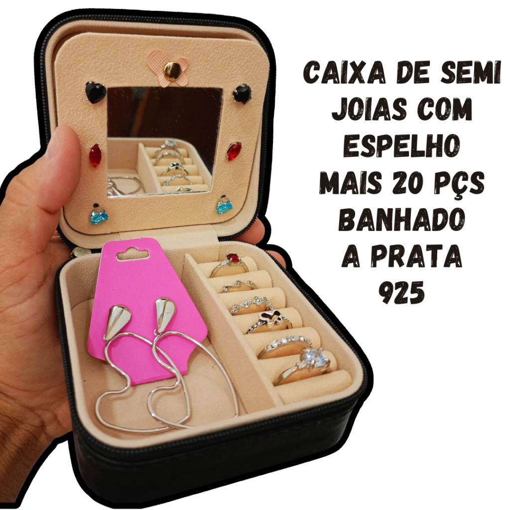Kit Semi Joia 20 peças banhado a PRATA 925 com garantia de 1 ano Com Mostruário Porta Joia Prateado