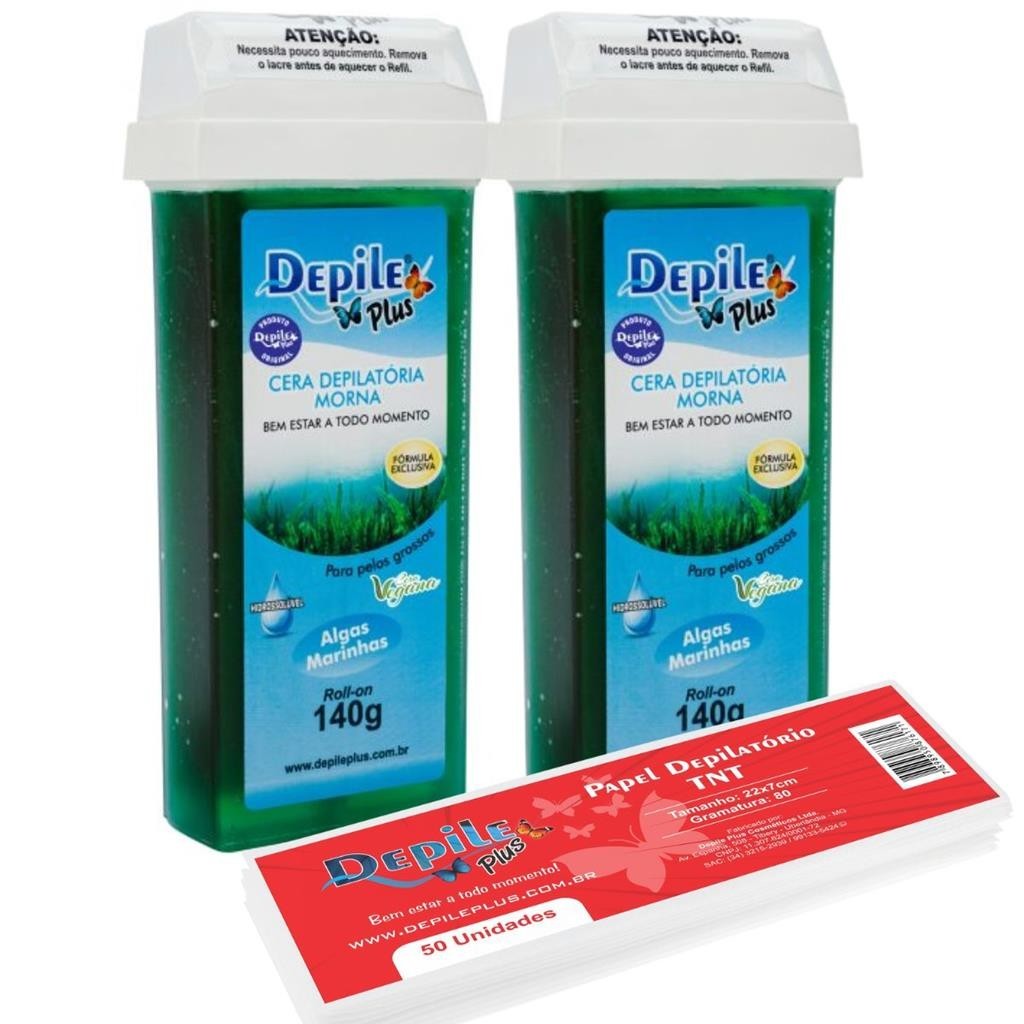 Kit 2 Roll-on Cera Depilatória Algas Marinhas + Papel Depilatório 50 Folhas Depile Plus