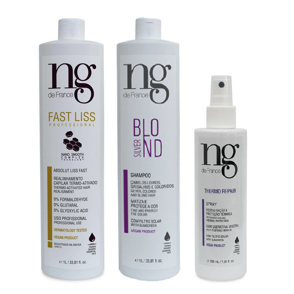 Ng De France Kit Fast Liss Realinhamento Vegano Escova Progressiva + Spray Thermo + Shampoo Silver Blond Matizador 1L