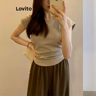Lovito Camiseta Casual Lisa Franzida Para Mulheres LNE36275 (Cáqui/Preto)