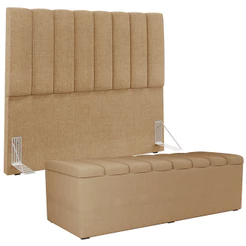 Kit Cabeceira Cama Box Casal 140cm Calçadeira Recamier Baú Dália W01 Linho Bege Escuro - Lyam Decor