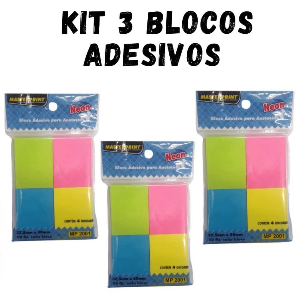 Kit 3 Blocos Adesivo para Anotações 4 cores Neon 1200 Folhas Masterprint