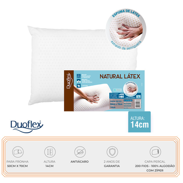 Travesseiro Natural Látex Baixo 14cm Duoflex - Durável - Confortável - Proteção contra Ácaros, Fungos e Bactérias
