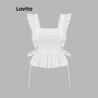 Lovito Blusa Boho com Amarração, Babados e Bordado de Entremeio para Mulheres L74ED137 (Branco/Azul)