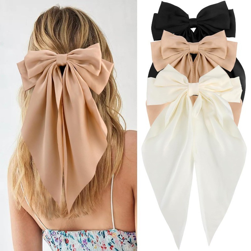 Laço De Cabelo Para Mulheres Preto Khaki Grande Clipes Meninas Seda Satin Grandes Fitas Cauda Longa Barrettes Acessórios Presentes