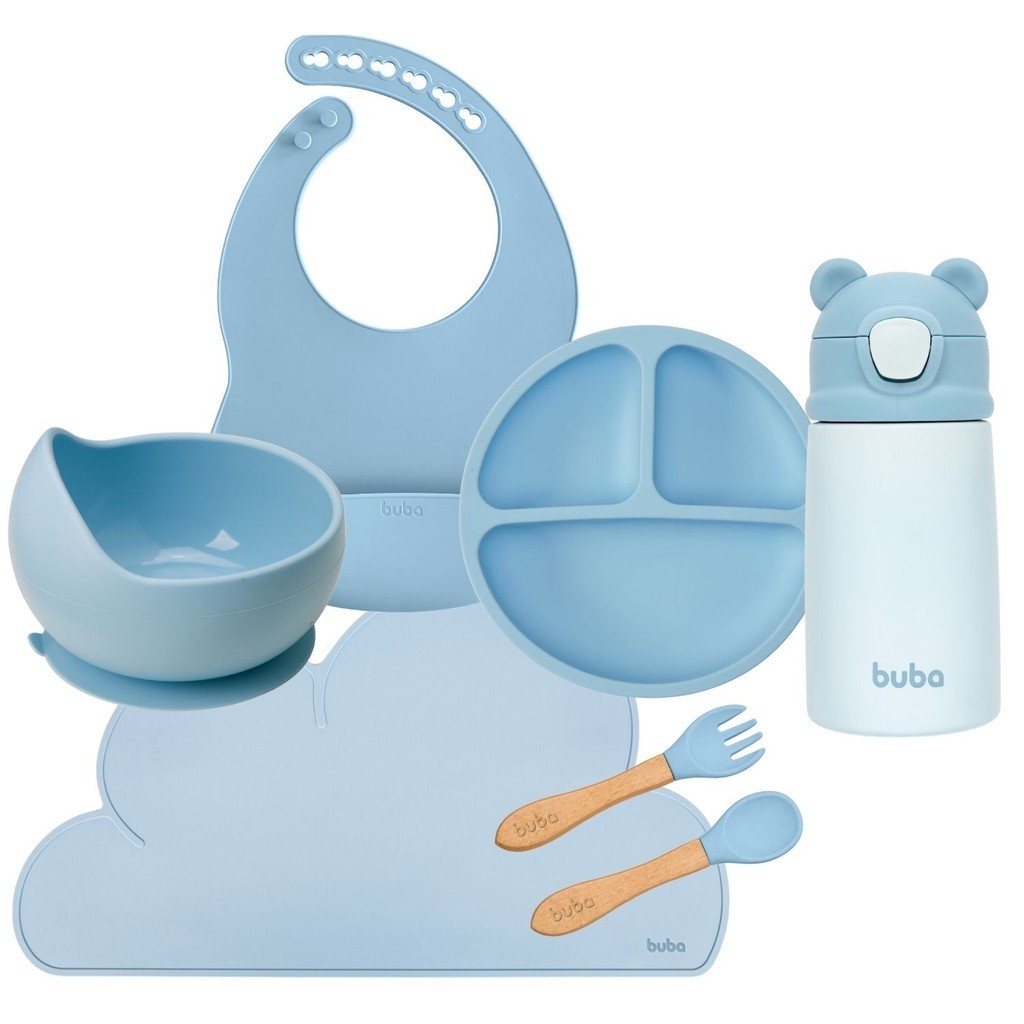 Kit Alimentação Bebê 6 Peças Buba Prato, Talheres, Garrafa Térmica, Babador, Bowl e Jogo Americano em Silicone em Oferta na Shopee
