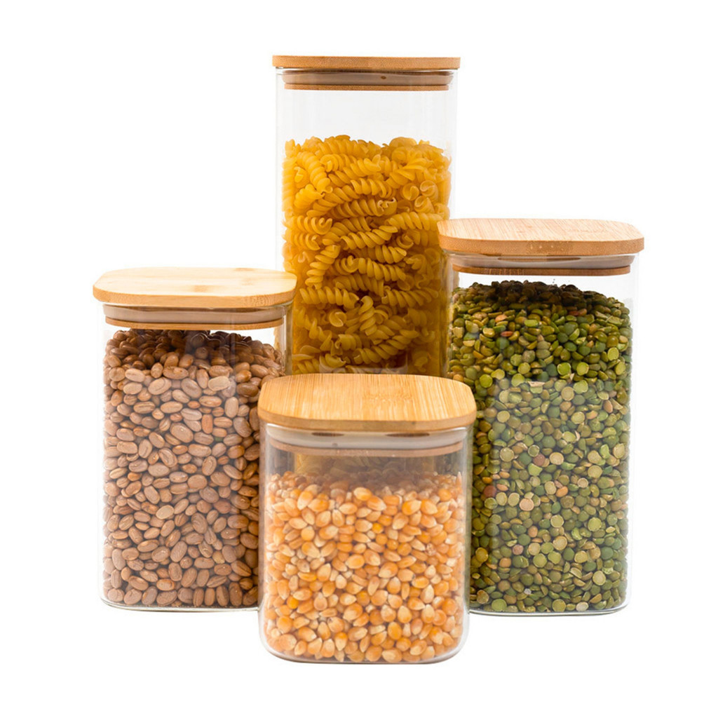 Kit 4 potes de vidro tampa de bambu herméticos quadrados - Tud - Home & Living