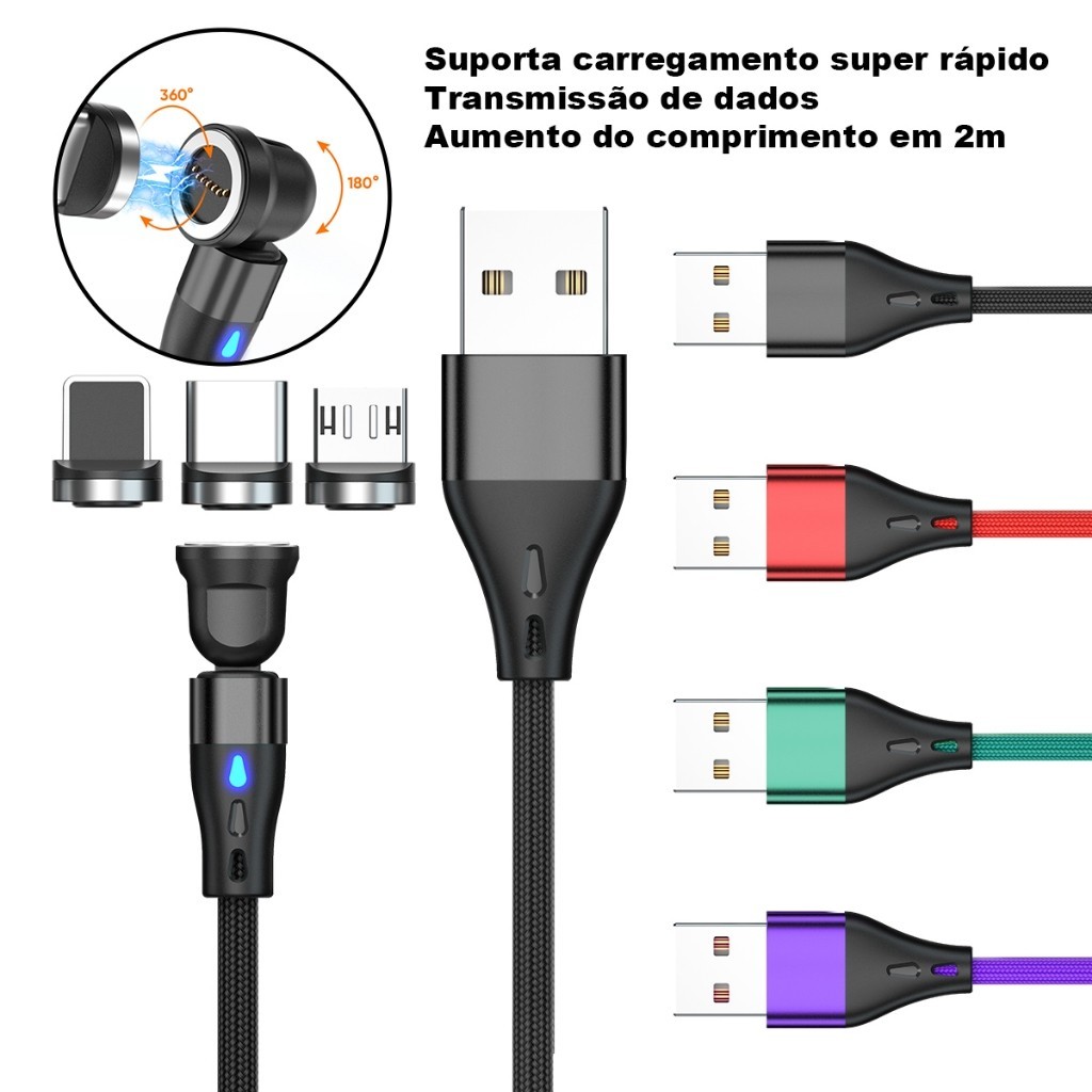Cabo Carregador Magnético 3 em 1 3A Carregamento 60W Rápido Tipo C USB Lightning Universal Para celulares e eletrônicos