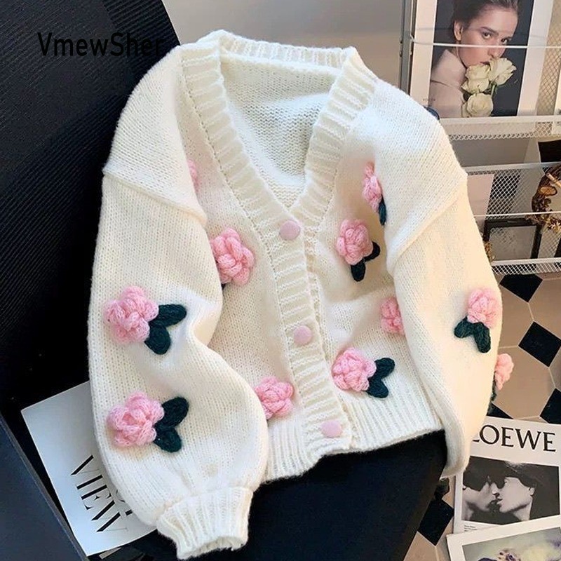 VmewSher Nova Flor 3D Solta Malha Cardigan Primavera Outono Coreano Camisola Curta Feminin...