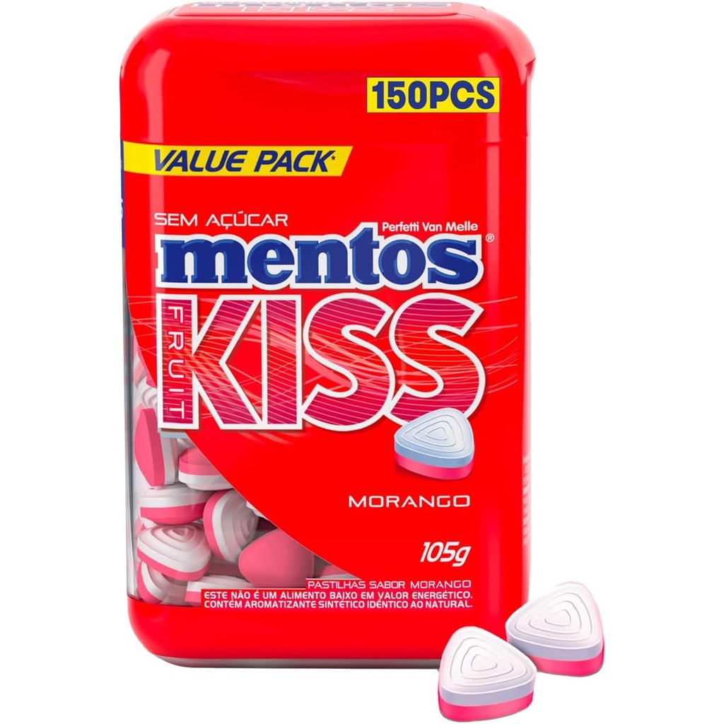 Pastilhas Mentos Kiss Fruit Sabor Morango Sem Açúcar 105g - Pote Com 150 unidades