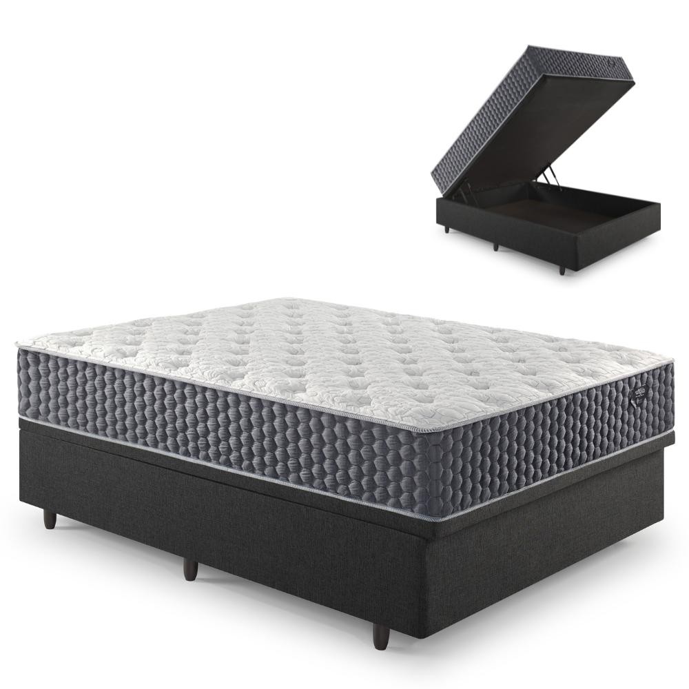 Base Box Baú Casal 138x188 Linho Cinza e Colchão Relax Fresh