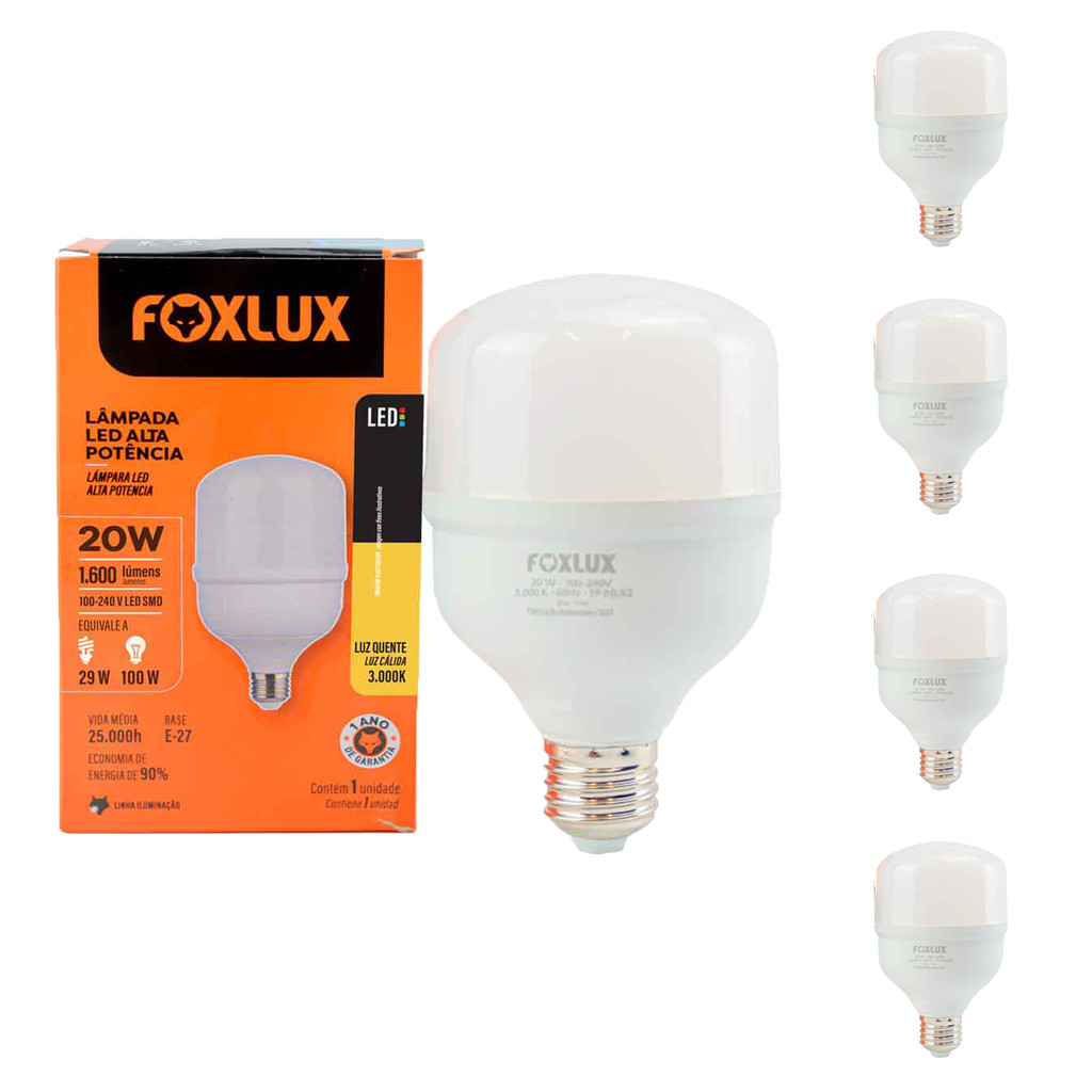 Lâmpada LED Alta Potência Foxlux 20W 3000K Branco Quente Bivolt 1600lm E27 Luz de Conforto Kit com 5